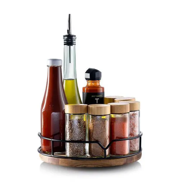 Alt view image 2 of 2 - 9" Acacia Wood Turntable w/Black Wire Rotating Kitchen Organizer for Table, Pantry, or Cabinet, Rustic Wood Finish, 360° Spin