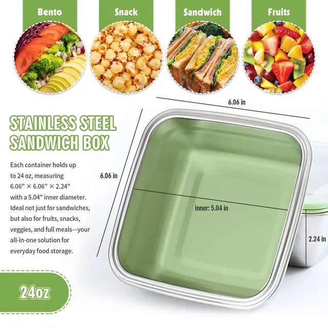 Alt view image 4 of 7 - 2 Pack Sandwich Containers, 24oz Stainless Steel Sandwich Box with Airtight Lids, Reusable Metal Meal Prep Lunch Boxes, BPA-Free, Dishwasher Safe, Food Storage Containers for Families (Black)