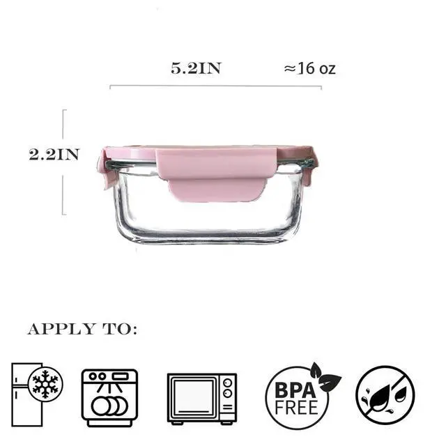 Alt view image 2 of 7 - Square 2cup Glass Food Storage Containers with Airtight Lids, 16oz Glass Meal Prep Containers, Square Food Bowl For Lunch, Fruit, Snack, Dishwasher Microwave Freezer Safe (Pink+Green)