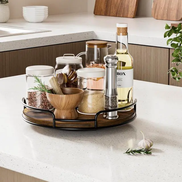 Alt view image 3 of 7 - 9" Lazy Susan Organizer for Table Top Rotating Spice Rack Organizations Wood Lazy Susan Turntable Organizer for Cabinet Kitchen Pantry Countertop Bathroom Vanity