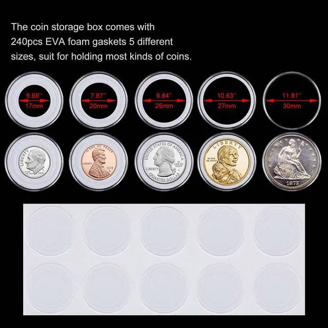Alt view image 2 of 7 - 240 Pieces 30mm Coin Capsules Coin Holders for Collectors, with Foam Gasket and Plastic Storage Organizer Box, 5 Sizes (17/20/25/27/30mm) Coin Case for Coin Collection Supplies