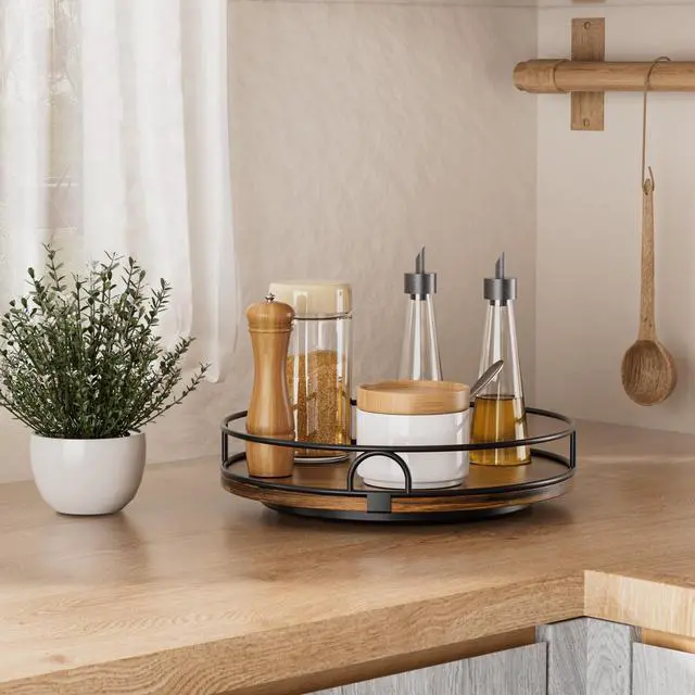 Alt view image 2 of 7 - 9'' Lazy Susan Organizer for Table Top,Wooden Lazy Susan Turntable for Cabinet,Kitchen,Spice Organization,Bathroom Vanity,Rotating Pantry Storage for Table Decor
