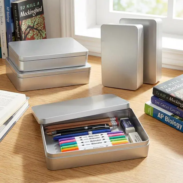Alt view image 3 of 7 - 4 Pieces Mixed Sizes Rectangular Empty Tin Box Containers, Silver