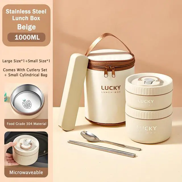 Alt view image 2 of 7 - Stainless Steel Lunch Box, 3-Tier Insulated Bento Box Microwave Safe Soup Bowl for Adults, Thermal Food Container for Office Workers (Beige, 2pcs + Tableware + Insulated Bag)