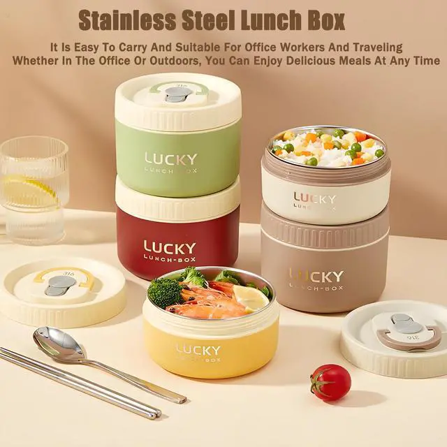 Alt view image 3 of 7 - Stainless Steel Lunch Box, 3-Tier Insulated Bento Box Microwave Safe Soup Bowl for Adults, Thermal Food Container for Office Workers (Beige, 2pcs + Tableware + Insulated Bag)