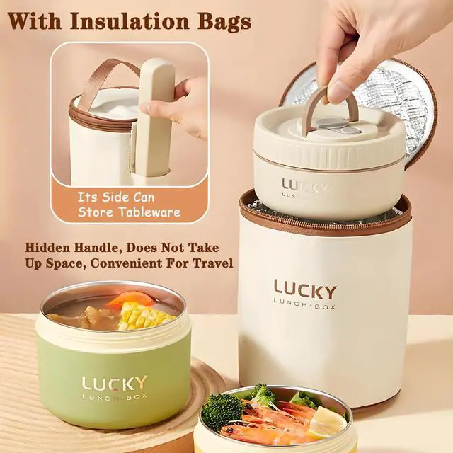 Alt view image 5 of 7 - Stainless Steel Lunch Box, 3-Tier Insulated Bento Box Microwave Safe Soup Bowl for Adults, Thermal Food Container for Office Workers (Beige, 2pcs + Tableware + Insulated Bag)