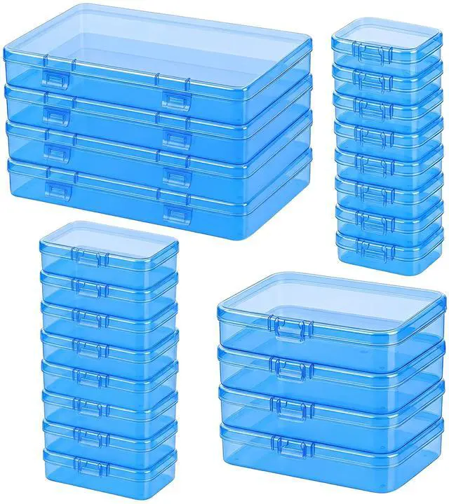 Main image of Blue Organizer Boxes, 24 Pack Mixed Size Plastic Storage Containers with Hinged Lid & Label Stickers, Multi-Size Rectangular Clear Boxes for Beads, Jewelry, Crafts, Electronic - DIY