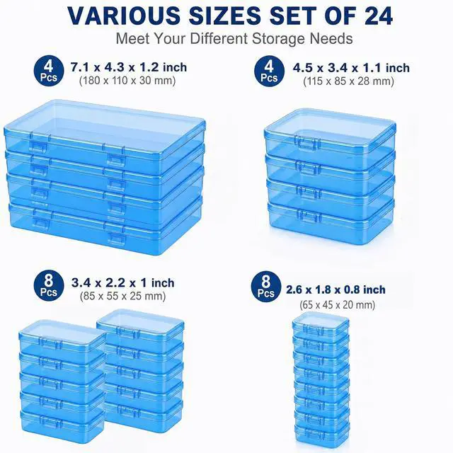 Alt view image 2 of 7 - Blue Organizer Boxes, 24 Pack Mixed Size Plastic Storage Containers with Hinged Lid & Label Stickers, Multi-Size Rectangular Clear Boxes for Beads, Jewelry, Crafts, Electronic - DIY