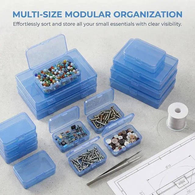 Alt view image 6 of 7 - Blue Organizer Boxes, 24 Pack Mixed Size Plastic Storage Containers with Hinged Lid & Label Stickers, Multi-Size Rectangular Clear Boxes for Beads, Jewelry, Crafts, Electronic - DIY