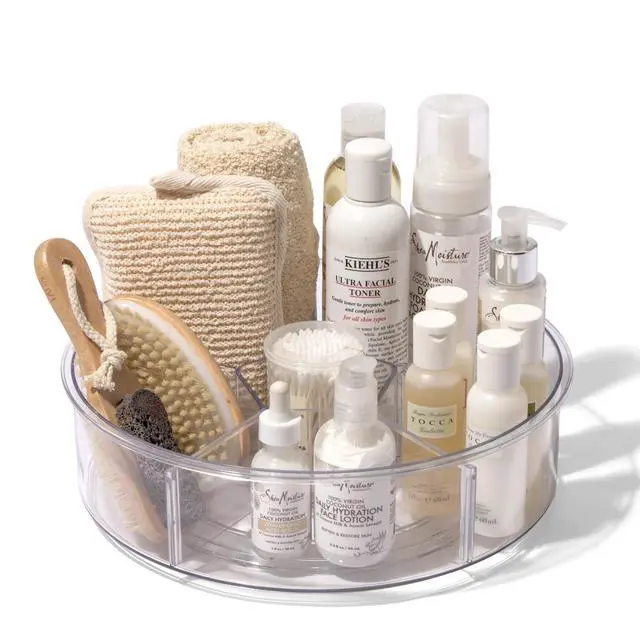 Alt view image 5 of 7 - Plastic Round Turntable Organizer with 6 Compartments - Clear | Spinning Divided Turntable Container | Rotating Organizer Storage for Bottle Condiments Fridge Kitchen Counter Pantry Bathroom