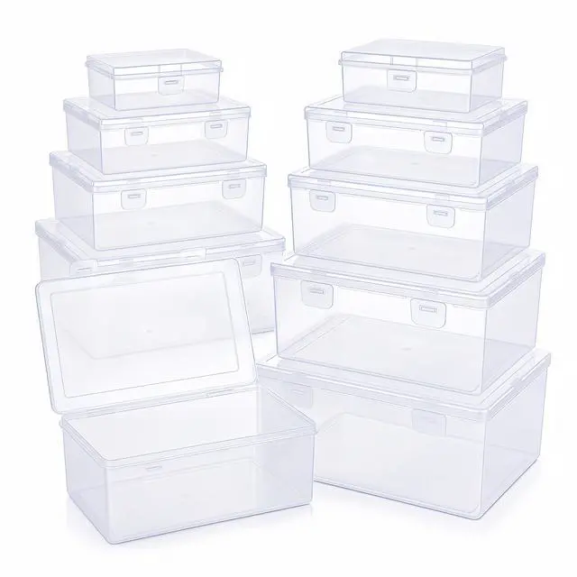 Main image of 10-Pack Clear Plastic Storage Box Set, Multi-Size Stackable Hinged Storage Box with Latches, 5 Nested Sizes of Storage Containers for Nail Supplies,Jewelry Beads,Fishing Tackle,Hardware