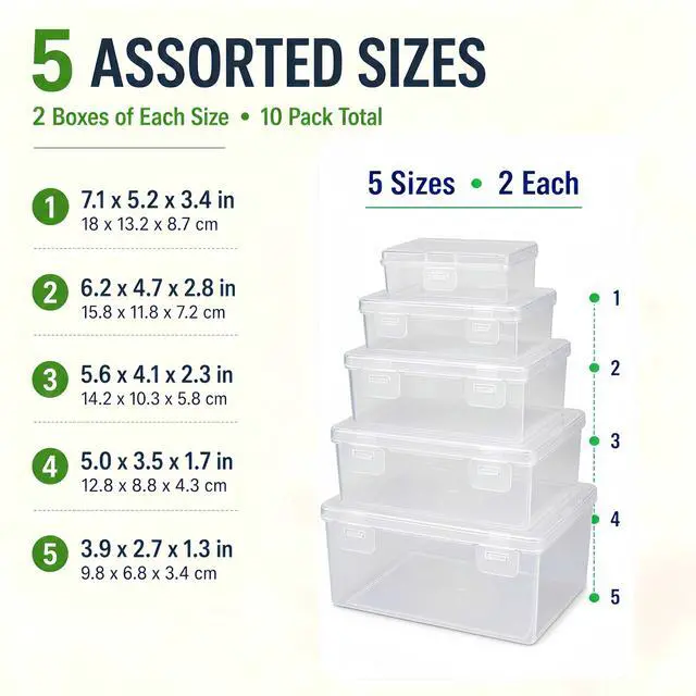 Alt view image 2 of 7 - 10-Pack Clear Plastic Storage Box Set, Multi-Size Stackable Hinged Storage Box with Latches, 5 Nested Sizes of Storage Containers for Nail Supplies,Jewelry Beads,Fishing Tackle,Hardware