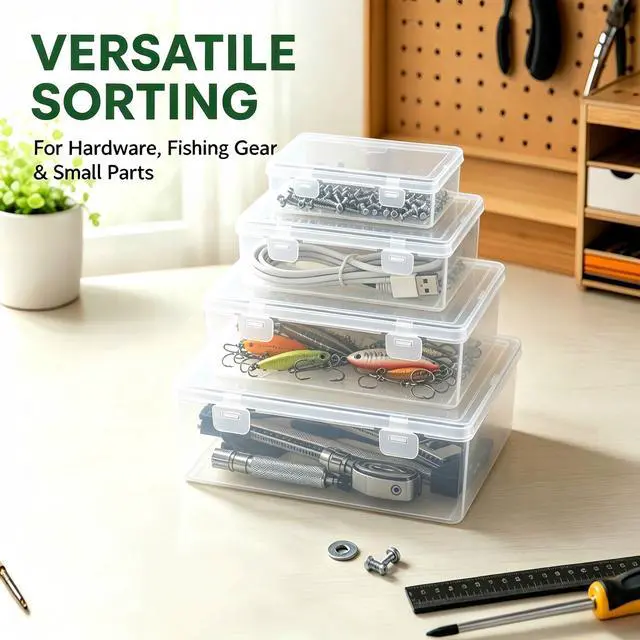 Alt view image 4 of 7 - 10-Pack Clear Plastic Storage Box Set, Multi-Size Stackable Hinged Storage Box with Latches, 5 Nested Sizes of Storage Containers for Nail Supplies,Jewelry Beads,Fishing Tackle,Hardware