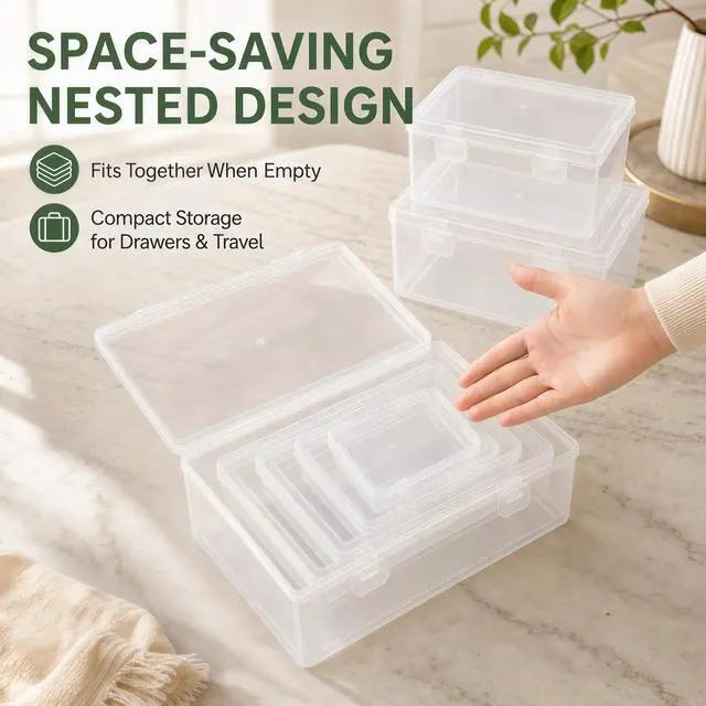 Alt view image 7 of 7 - 10-Pack Clear Plastic Storage Box Set, Multi-Size Stackable Hinged Storage Box with Latches, 5 Nested Sizes of Storage Containers for Nail Supplies,Jewelry Beads,Fishing Tackle,Hardware