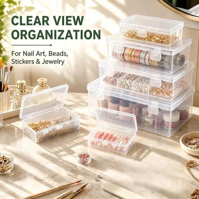 Alt view image 6 of 7 - 10-Pack Clear Plastic Storage Box Set, Multi-Size Stackable Hinged Storage Box with Latches, 5 Nested Sizes of Storage Containers for Nail Supplies,Jewelry Beads,Fishing Tackle,Hardware