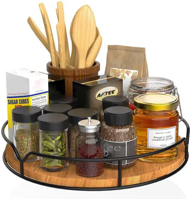 Main image of Lazy Susan Turntable Organizer for Cabinet Pantry Kitchen Countertop Refrigerator Cupboard, Pine Wood, 9", Carbonized Black