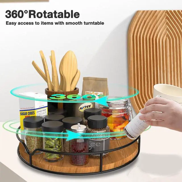 Alt view image 2 of 7 - Lazy Susan Turntable Organizer for Cabinet Pantry Kitchen Countertop Refrigerator Cupboard, Pine Wood, 9", Carbonized Black