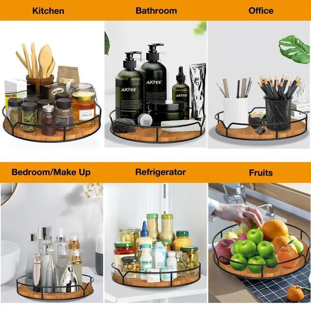 Alt view image 4 of 7 - Lazy Susan Turntable Organizer for Cabinet Pantry Kitchen Countertop Refrigerator Cupboard, Pine Wood, 9", Carbonized Black