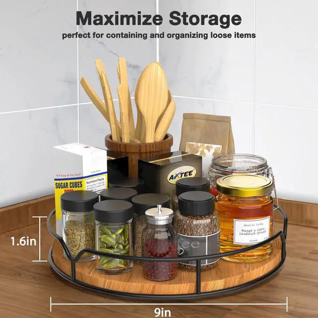 Alt view image 7 of 7 - Lazy Susan Turntable Organizer for Cabinet Pantry Kitchen Countertop Refrigerator Cupboard, Pine Wood, 9", Carbonized Black