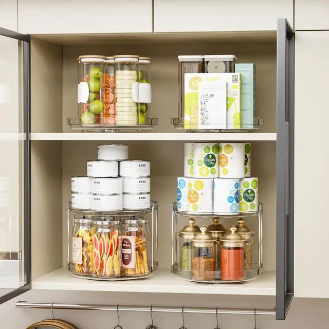 Alt view image 2 of 7 - 4 Pack Rotating Small Lazy Susan Turntable Organizer for Cabinet,9.5 Inch Clear Acrylic Spice Rack,Turn Table Organizers for Refrigerator,Kitchen,Pantry and Vanity Makeup,Bathroom Countertop Organizer