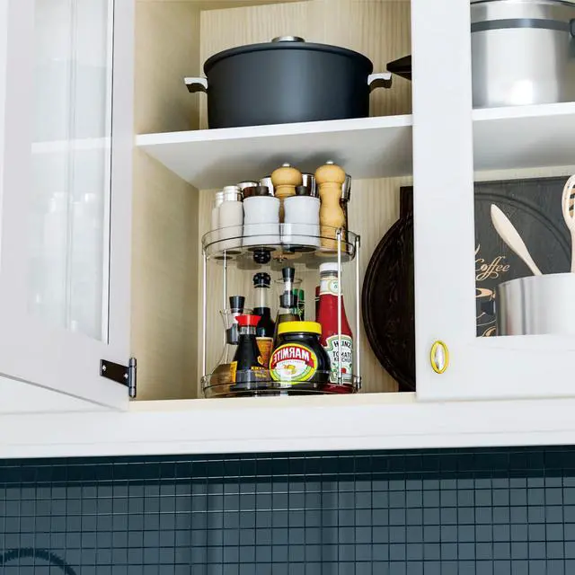 Alt view image 5 of 7 - 4 Pack Rotating Small Lazy Susan Turntable Organizer for Cabinet,9.5 Inch Clear Acrylic Spice Rack,Turn Table Organizers for Refrigerator,Kitchen,Pantry and Vanity Makeup,Bathroom Countertop Organizer