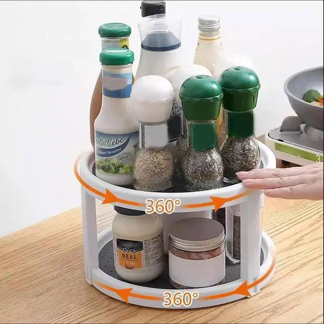 Alt view image 2 of 7 - 2 Tier Non Skid Spice Rack Turntable, 10 Inch Spinning Organizer, Non Skid Lazy Susan Turntable, 360° Rotating Seasoning Organizer for Kitchen, Pantry Cabinet, Refrigerator, Bathroom, Gray & White