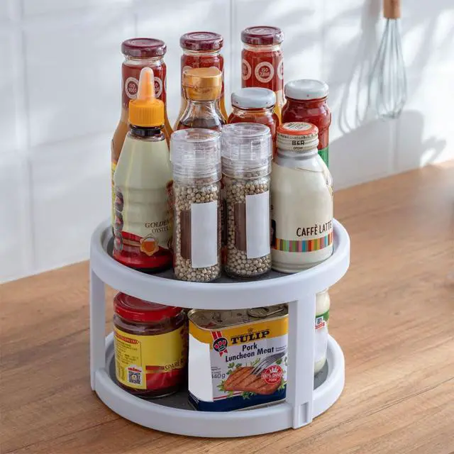 Alt view image 3 of 7 - 2 Tier Non Skid Spice Rack Turntable, 10 Inch Spinning Organizer, Non Skid Lazy Susan Turntable, 360° Rotating Seasoning Organizer for Kitchen, Pantry Cabinet, Refrigerator, Bathroom, Gray & White