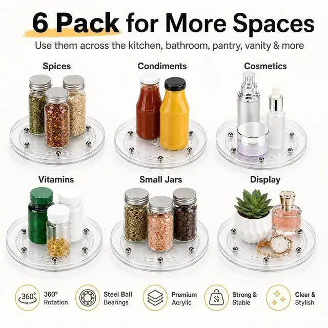 Alt view image 3 of 7 - 6 Pack 6 inch Small Lazy Susan, Lazy Susan Turntable Organizer, 360 Degree Round Rotating Tray for Spice Rack, Bathroom Vanity, Kitchen Cabinet and Countertop Storage
