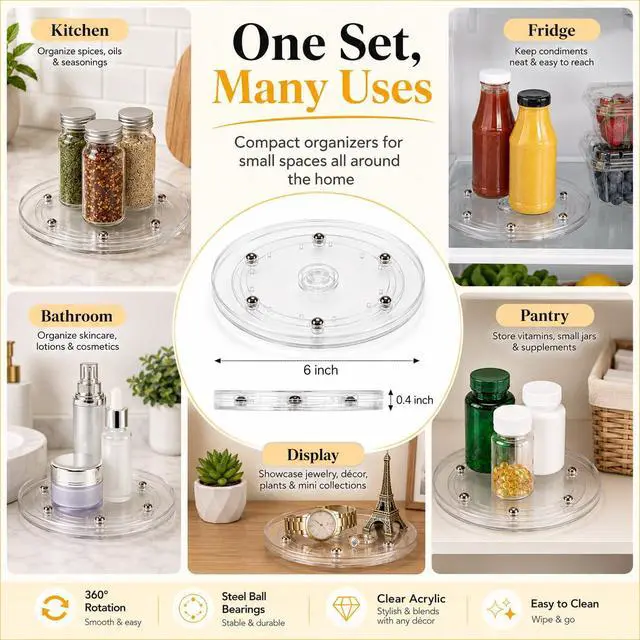 Alt view image 7 of 7 - 6 Pack 6 inch Small Lazy Susan, Lazy Susan Turntable Organizer, 360 Degree Round Rotating Tray for Spice Rack, Bathroom Vanity, Kitchen Cabinet and Countertop Storage