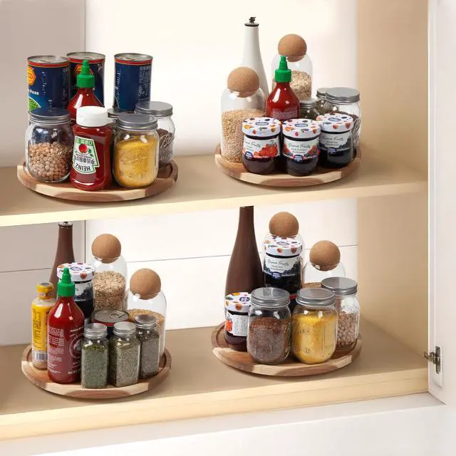 Alt view image 2 of 4 - 10in Acacia Wood Lazy Susan Turntable Organizer and Spinning Storage | Rotating Round Serving Tray & Storage Organizer for Spice Bottles, Kitchen Countertop & Cabinet