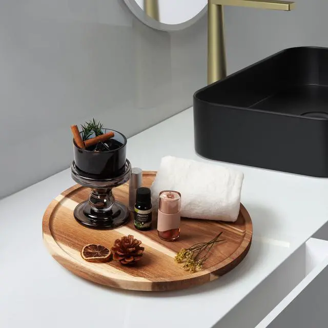 Alt view image 4 of 4 - 10in Acacia Wood Lazy Susan Turntable Organizer and Spinning Storage | Rotating Round Serving Tray & Storage Organizer for Spice Bottles, Kitchen Countertop & Cabinet