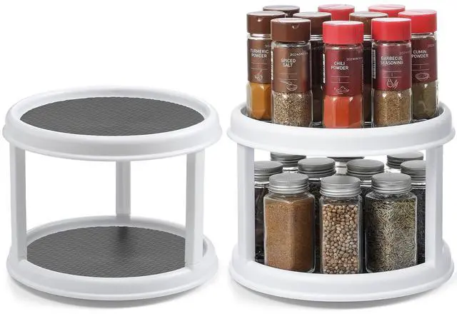 Main image of 2 Pack, 2 Tier 10" Turntable Lazy Susan Spice Organizer - Rotating Seasoning Rack Spinner for Pantry Cabinet Kitchen Countertop, Table Top Organizing - Multiuse Two Tier Rotating Organization Rack