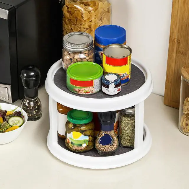 Alt view image 5 of 7 - 2 Pack, 2 Tier 10" Turntable Lazy Susan Spice Organizer - Rotating Seasoning Rack Spinner for Pantry Cabinet Kitchen Countertop, Table Top Organizing - Multiuse Two Tier Rotating Organization Rack