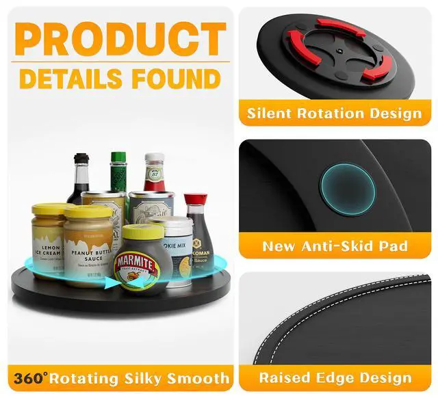 Alt view image 5 of 7 - Lazy Susan Organizer 12 Inch Non-Skid Bamboo Lazy Susan for Kitchen Rotating Spice Rack for Kitchen Cabinet, Wood Turntable for Kitchen Countertop Organizer Black