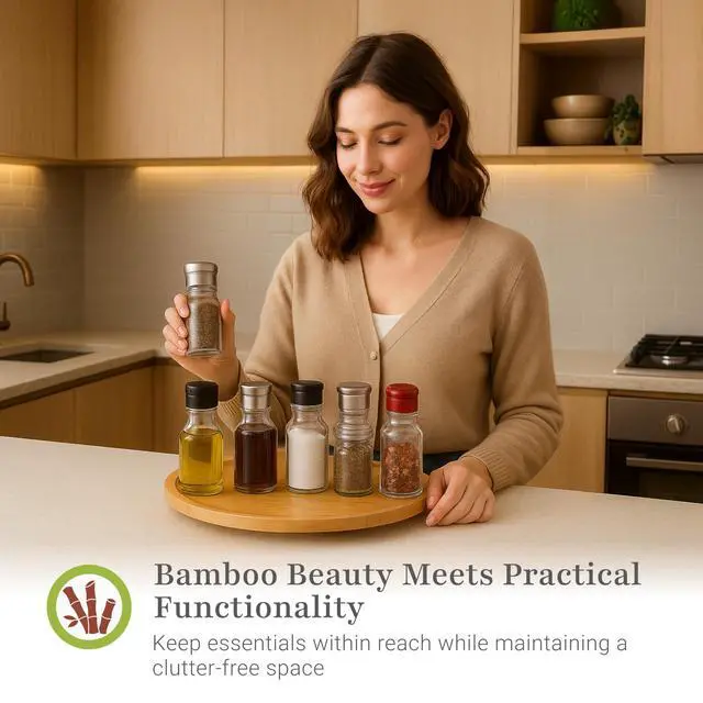 Alt view image 3 of 6 - Bamboo Lazy Susan Spinning Organizer Turntable - 10x10-Inch Revolving Condiment and Spice Rack - Multipurpose Rotating Bamboo Wood Organizer for Kitchen Countertop or Bathrooms