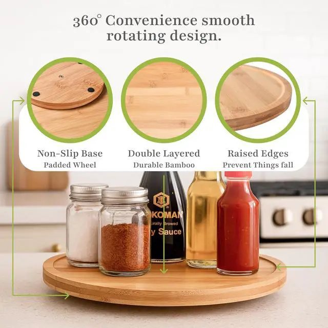 Alt view image 5 of 6 - Bamboo Lazy Susan Spinning Organizer Turntable - 10x10-Inch Revolving Condiment and Spice Rack - Multipurpose Rotating Bamboo Wood Organizer for Kitchen Countertop or Bathrooms