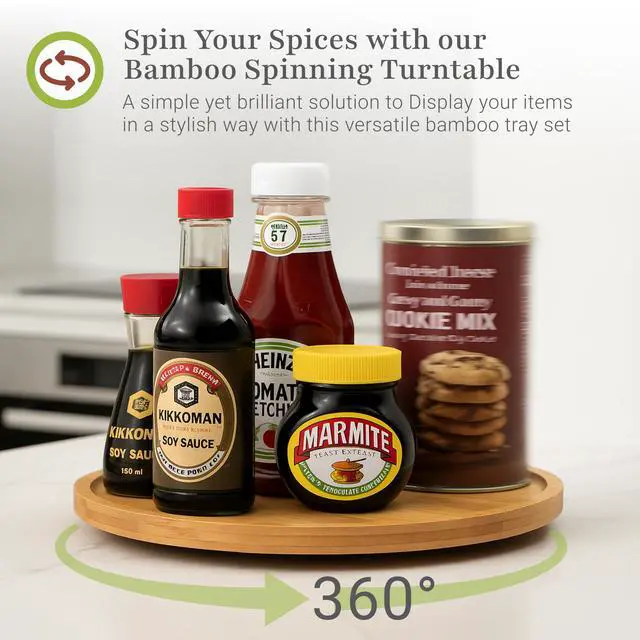 Alt view image 4 of 6 - Bamboo Lazy Susan Spinning Organizer Turntable - 10x10-Inch Revolving Condiment and Spice Rack - Multipurpose Rotating Bamboo Wood Organizer for Kitchen Countertop or Bathrooms