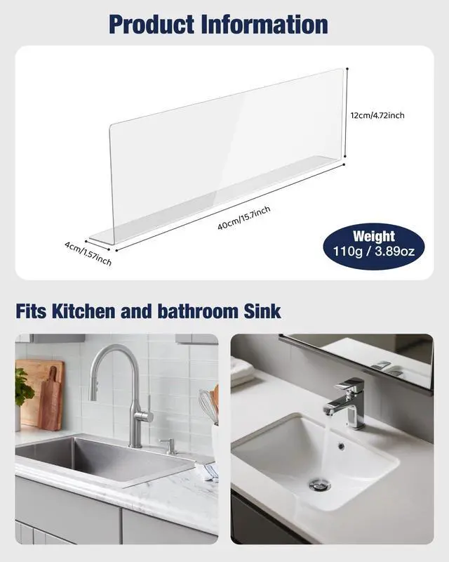 Alt view image 7 of 7 - Acrylic Sink Splash Guard, Highly Transparent Fixed Splash Guard for Kitchen Island & Bathroom15.8"L x 1.6"W x 4.7"H
