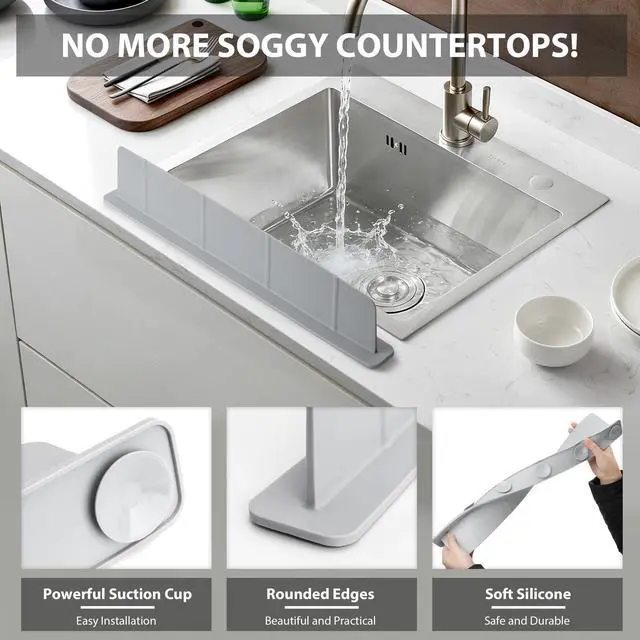 Alt view image 3 of 7 - Silicone Sink Splash Guard with Suction Cups, Grey, 20.5"x2.8"