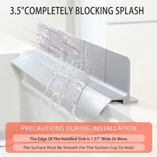 Alt view image 4 of 7 - 18" Upgraded Silicone Sink Splash Guard Released in 2026,Self-Draining Water Splash Guard for Kitchen Sink,Bathroom and Kitchen Island,with 3.5" High Splash Guard & 6 Strong Suction Cup(Grey)
