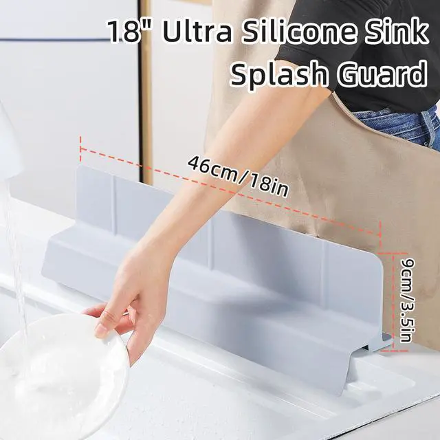 Alt view image 3 of 7 - 18" Upgraded Silicone Sink Splash Guard Released in 2026,Self-Draining Water Splash Guard for Kitchen Sink,Bathroom and Kitchen Island,with 3.5" High Splash Guard & 6 Strong Suction Cup(Grey)