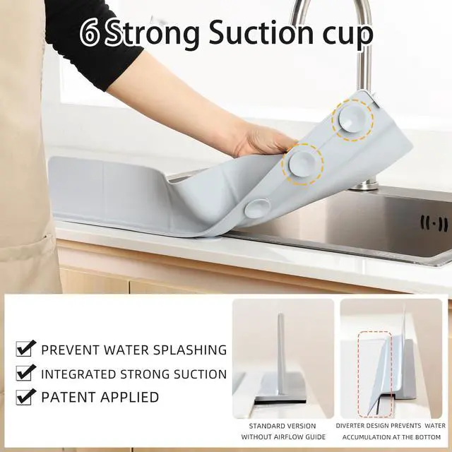 Alt view image 6 of 7 - 18" Upgraded Silicone Sink Splash Guard Released in 2026,Self-Draining Water Splash Guard for Kitchen Sink,Bathroom and Kitchen Island,with 3.5" High Splash Guard & 6 Strong Suction Cup(Grey)