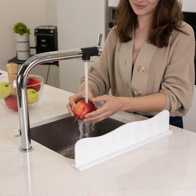 Alt view image 5 of 6 - Silicone Sink Splash Guard - Water Splash Guard for Kitchen, Island and Bathroom - Secure Non-Slip Suction Cup Base - Dishwasher Safe, White (17.4 x 1.7 x 3.6")