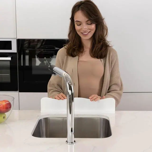 Alt view image 6 of 6 - Silicone Sink Splash Guard - Water Splash Guard for Kitchen, Island and Bathroom - Secure Non-Slip Suction Cup Base - Dishwasher Safe, White (17.4 x 1.7 x 3.6")