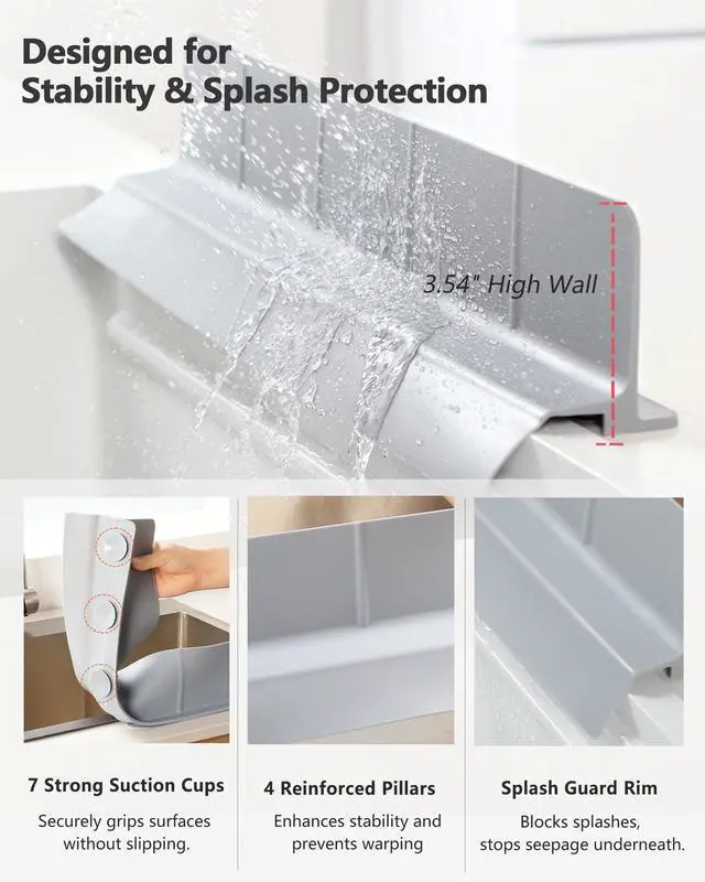 Alt view image 3 of 7 - Kitchen Sink Splash Guard 23" 18" 30" Self-Draining Silicone Water Guard with High Splash Wall & Strong Suction Cups for Faucet, Countertop & Sink Edge, Keeps Sinks Dry, Dishwasher Safe, Gray