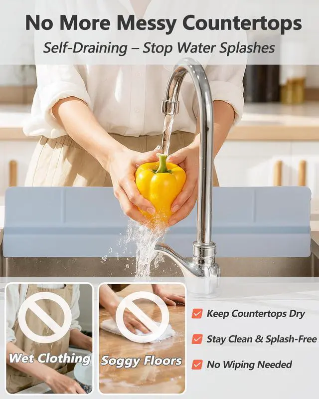 Alt view image 2 of 7 - Kitchen Sink Splash Guard 23" 18" 30" Self-Draining Silicone Water Guard with High Splash Wall & Strong Suction Cups for Faucet, Countertop & Sink Edge, Keeps Sinks Dry, Dishwasher Safe, Gray