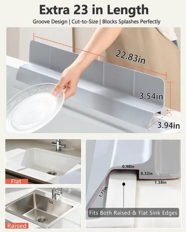 Alt view image 4 of 7 - Kitchen Sink Splash Guard 23" 18" 30" Self-Draining Silicone Water Guard with High Splash Wall & Strong Suction Cups for Faucet, Countertop & Sink Edge, Keeps Sinks Dry, Dishwasher Safe, Gray