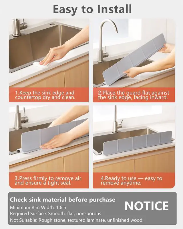 Alt view image 6 of 7 - Kitchen Sink Splash Guard 23" 18" 30" Self-Draining Silicone Water Guard with High Splash Wall & Strong Suction Cups for Faucet, Countertop & Sink Edge, Keeps Sinks Dry, Dishwasher Safe, Gray