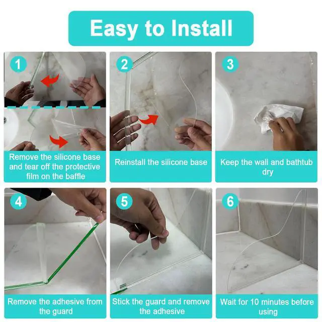 Alt view image 6 of 6 - 2 PCS Splash Guard for Bathtub 7.8" x 7.2" Self Adhesive Shower Splash Guard Acrylic Shower Corner Water Guard Clear Shower Guards to Keep Water in Shower