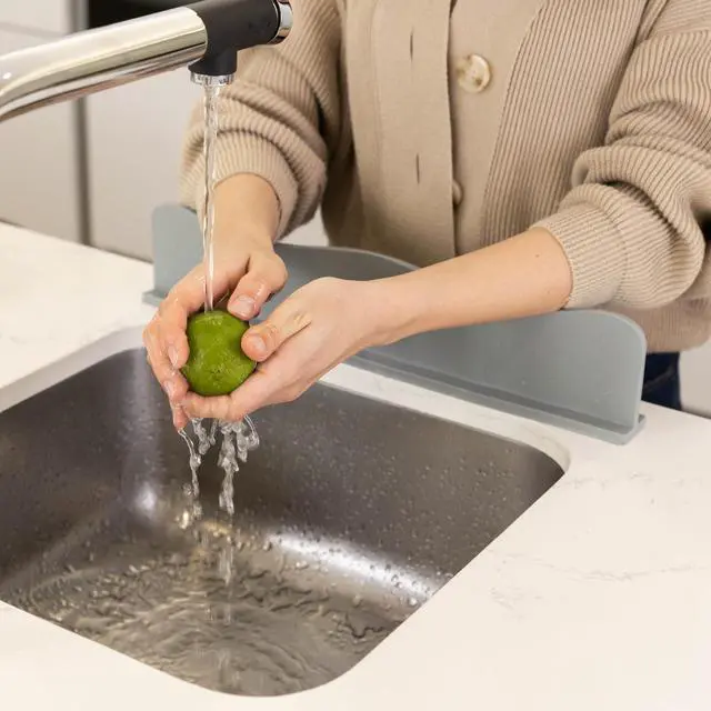 Alt view image 4 of 6 - Silicone Sink Splash Guard - Water Splash Guard for Kitchen, Island and Bathroom - Secure Non-Slip Suction Cup Base - Dishwasher Safe, Gray (17.4 x 1.7 x 3.6")